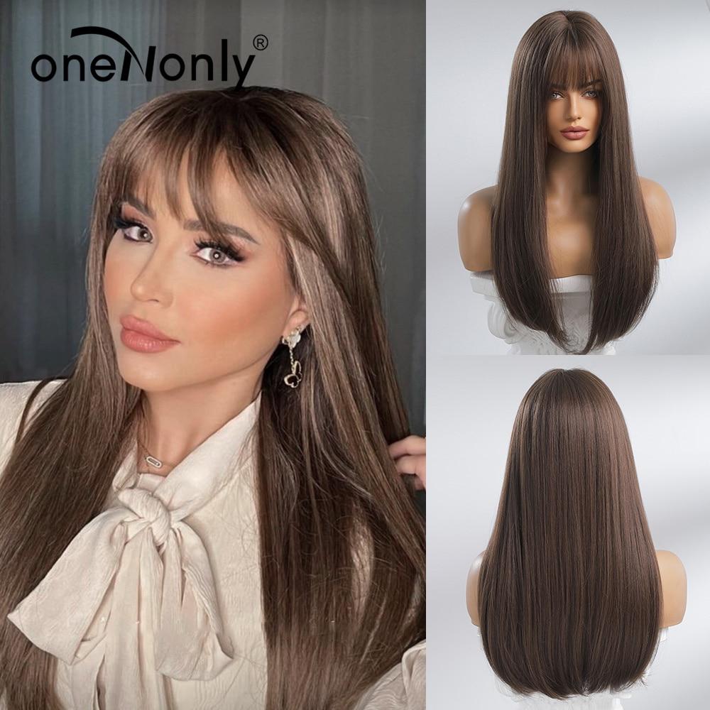 BLONDE UNICORN Long Ombre Blonde Wigs with Bangs Dark Root Synthetic Wigs Straight Hair Wigs for Women Daily Cosplay Use