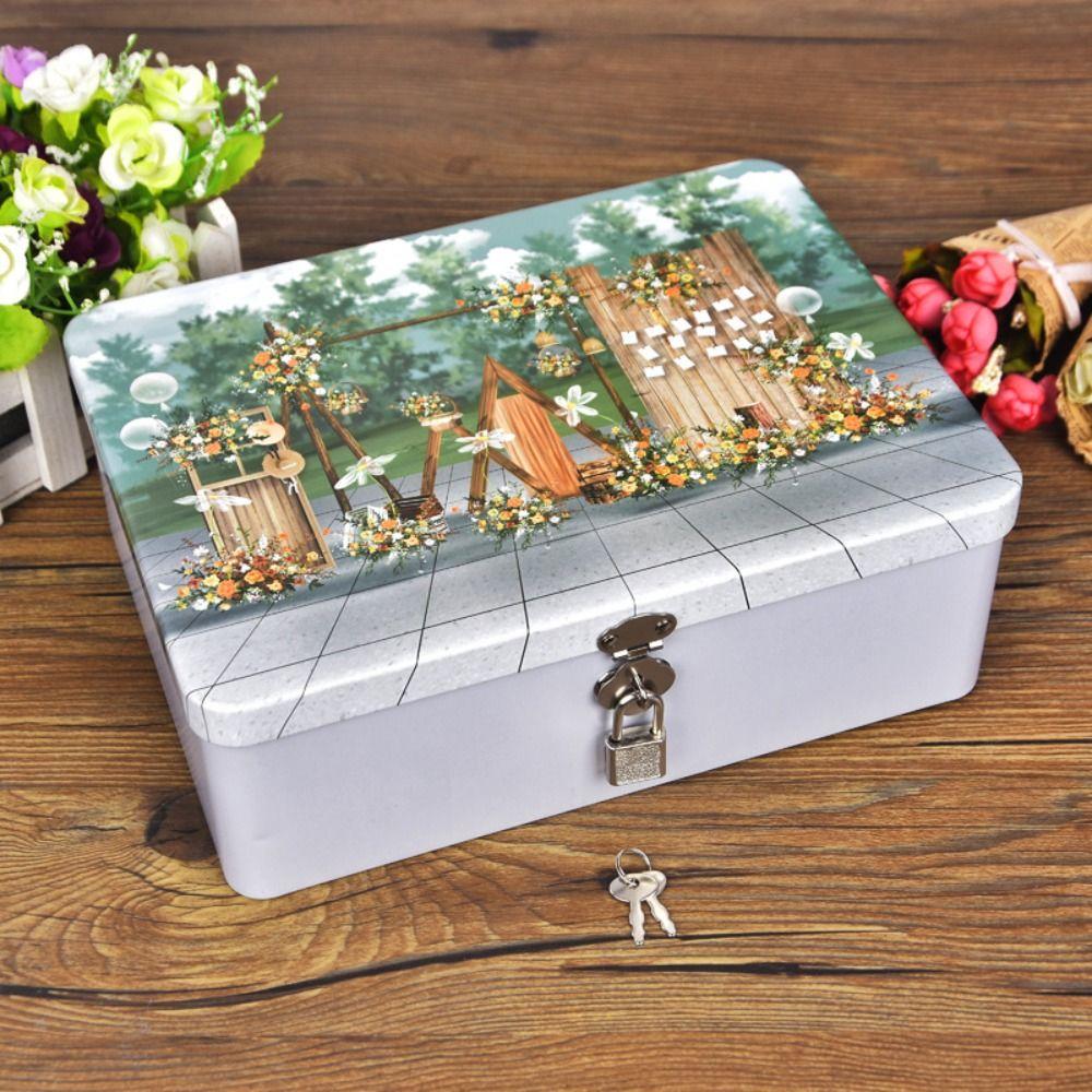 Vintage Tinplate Box with Lock Key Metal Box Durable Makeup Box