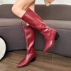 Women Knee High Boots Sexy Pointed Toe Mid Heels Leather Shoes Winter Designer Chunky Boots 2025 Trend Goth Pumps Botas Mujer
