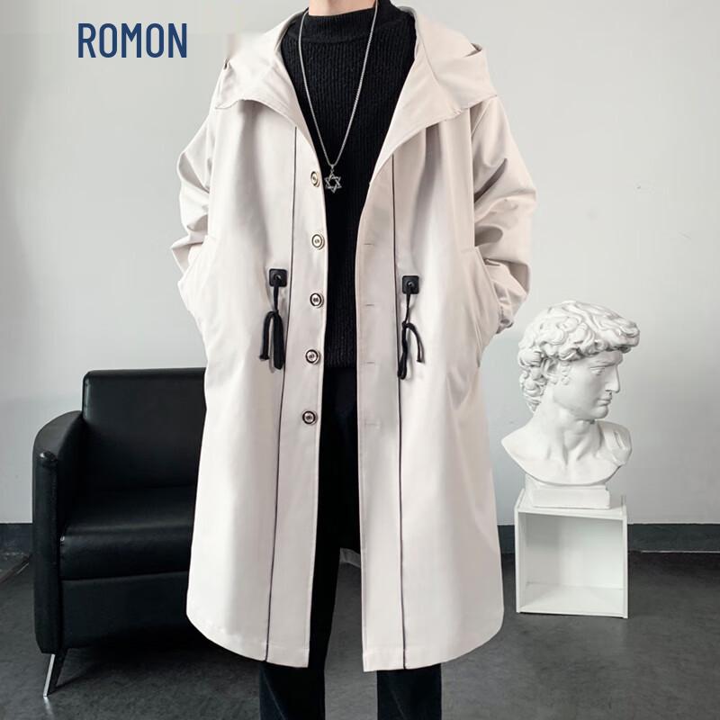 ROMON Men's Trendy Loose-Fit Hooded Mid-Length Trench Coat