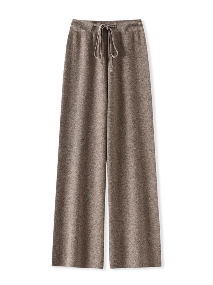 Женские шерстяные брюки с высокой талией и широкими штанинами: Осень/Зима, Плотный и Теплый, Повседневный, Длинный, Вязаный, Прямой крой.