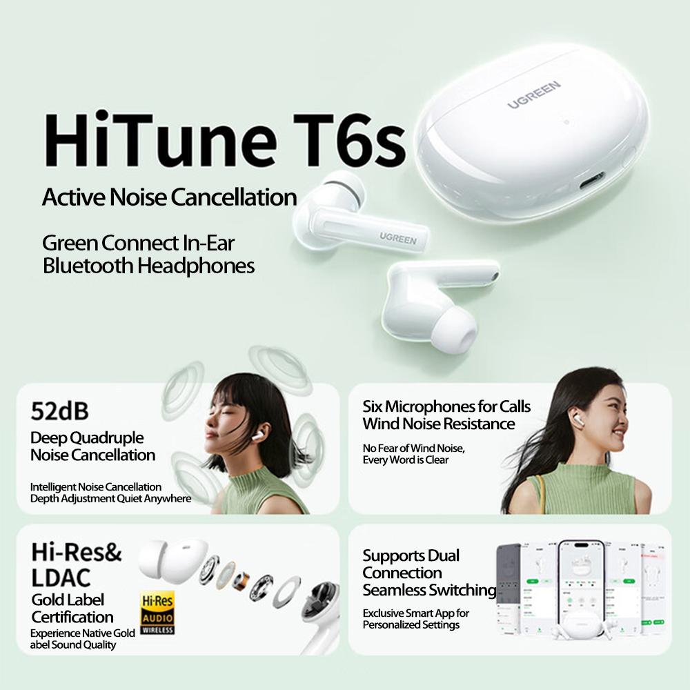 Ugreen Bluetooth-наушники HiTune T6s - Шумоподавление 52 дБ Внутриканальная конструкция Совместимы с Apple, Huawei, Xiaomi WS205