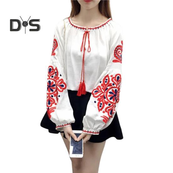 Летняя рубашка женская в этническом стиле с вышивкой, пуловер, топы с круглым вырезом, рукавом-фонариком, свободная блузка