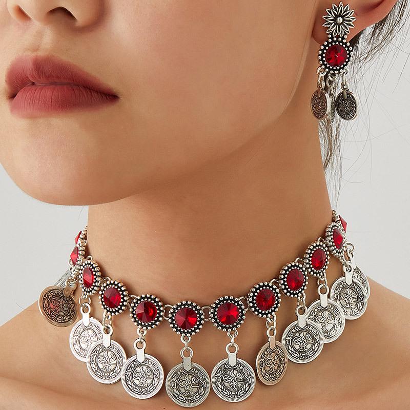 Модный ретро женский ювелирный набор в ближневосточном стиле с сияющими бриллиантовыми монетами - ожерелье и серьги