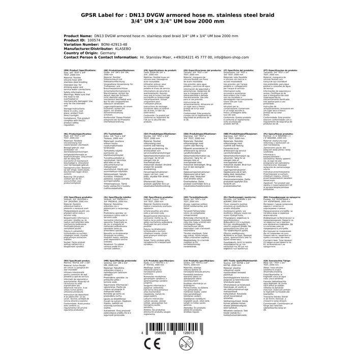 Flexible Inox - KLASEBO - DN13 3/4" - 2000mm - Drinking Water Connection - Elbowed