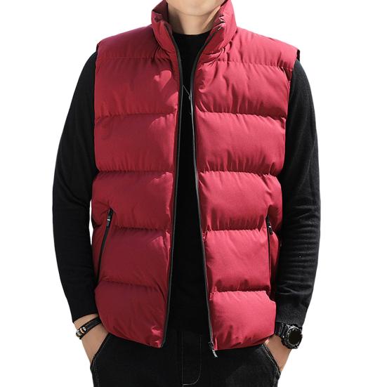 Men Waistcoat Stand Collar Sleeveless Slim Fit Vest Coat with Pockets Solid Color Zipper Closure Windproof Quilted Waistcoat