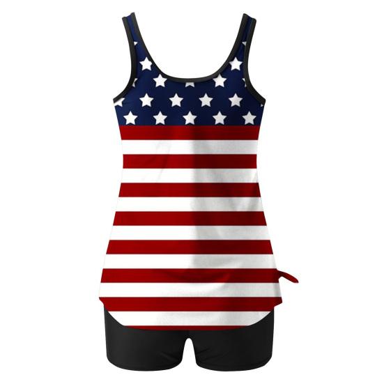 Yousheng 2 шт./комплект женский танкини комплект американский День независимости принт жилет однотонные шорты для плавания комплект купальники