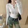Design Button Collar Front Shoulder Bottoming Shirt Women's Spring and Autumn Winter Tight and Thin Threaded Top Spice Girl Long-sleeved Shirt