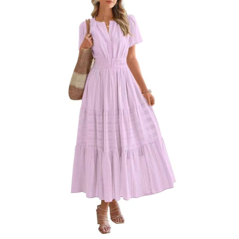 Женское платье с V-образным вырезом, плиссированными рукавами-фонариками, короткими рукавами, уличное модное платье