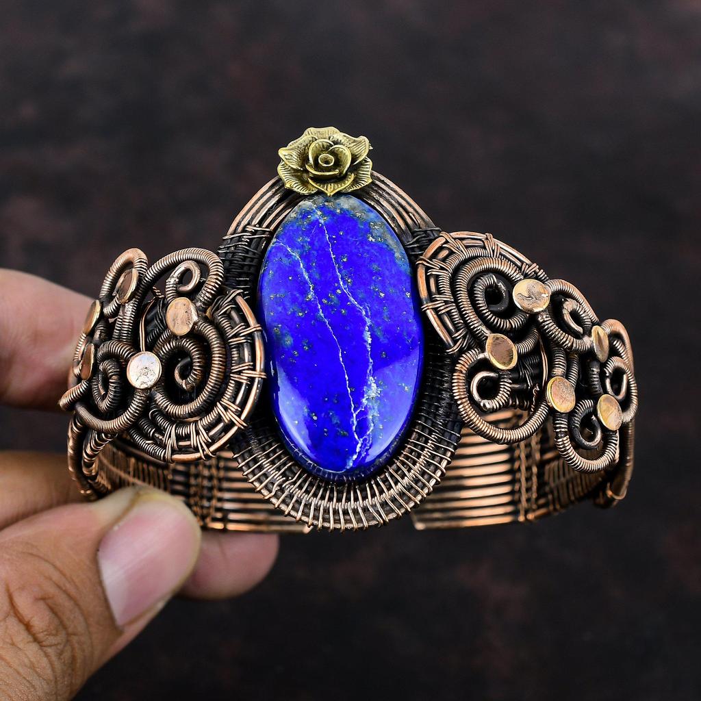 Лазурит, драгоценный камень, медная проволока, браслет-манжета, регулируемый браслет, медная проволока ручной работы, ювелирные изделия, цветок, браслет, подарок на годовщину