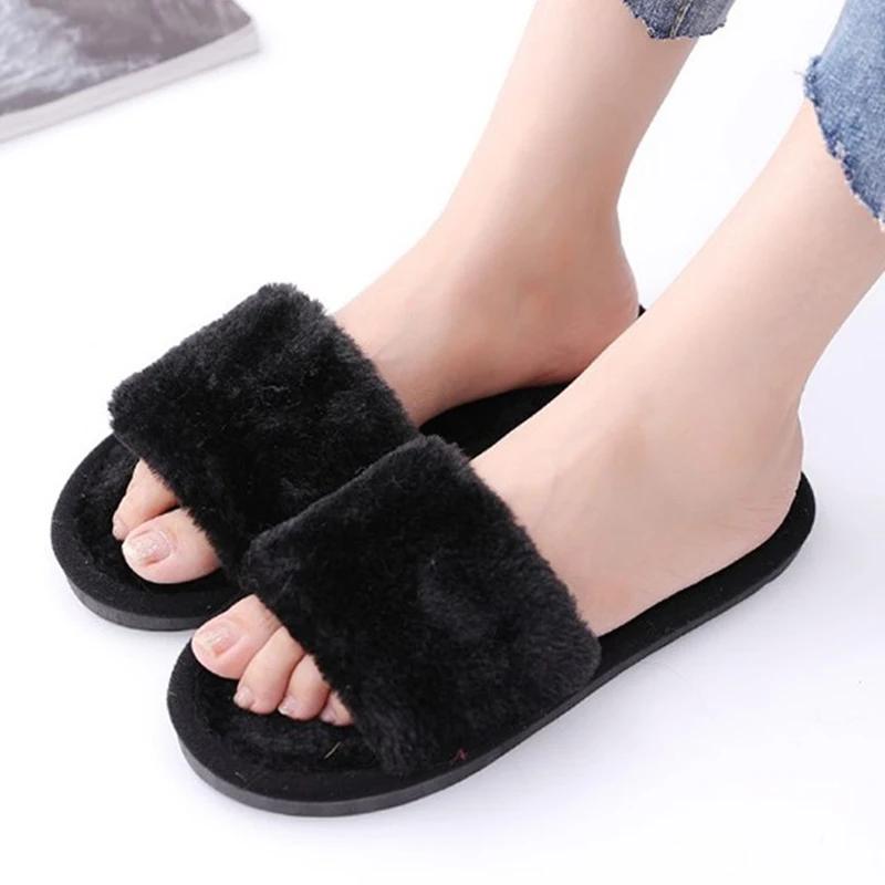 Женские тапочки, новые модные плюшевые шлепанцы с мелким носком для дома и улицы, повседневные шлепанцы для спальни, однотонные тапочки на плоской подошве