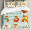 Girls Cartoon Fox Duvet Cover Set Cute Fox Bedding Set Kawaii Animals Comforter Cover Botanical Floral Bedspread Cover Full Size