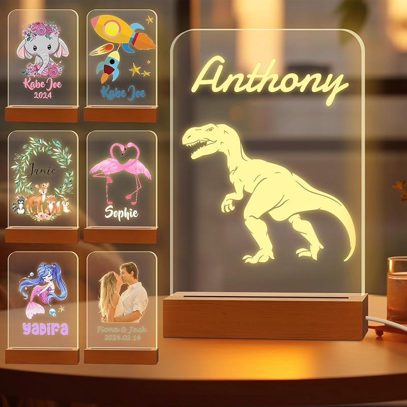 Персонализированный ночник для детей, выгравированное имя, акриловые светодиодные лампы с деревянной основой для детской спальни, декоративный ночник, индивидуальный день рождения