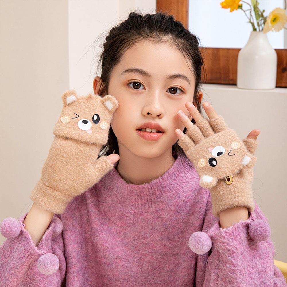 Capybara Student Half-Finger Flip Gloves Thickened Warm Knitted Mittens for Boys Girls