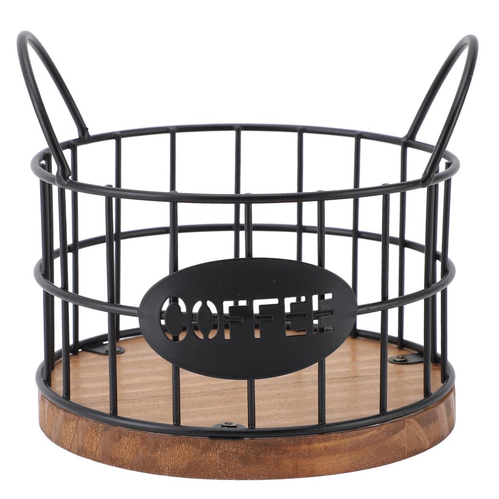 Coffee Pod Basket Round Iron Wire Storage Basket Large Capacity Coffee Capsule Holder with Wooden Ba