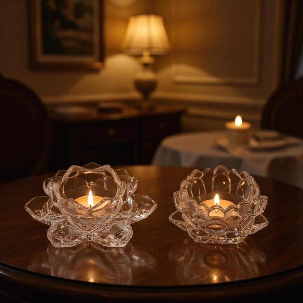 2Pcs Elegant Chinese Glass Lotus Candle Holder Creative Simple Candles Stand Home Decor