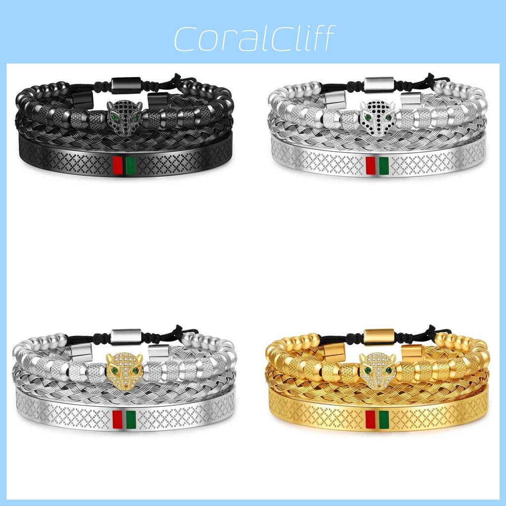 Hip Hop Leopard Head Zircon Copper Stainless Steel Bracelets Set For Men And Women