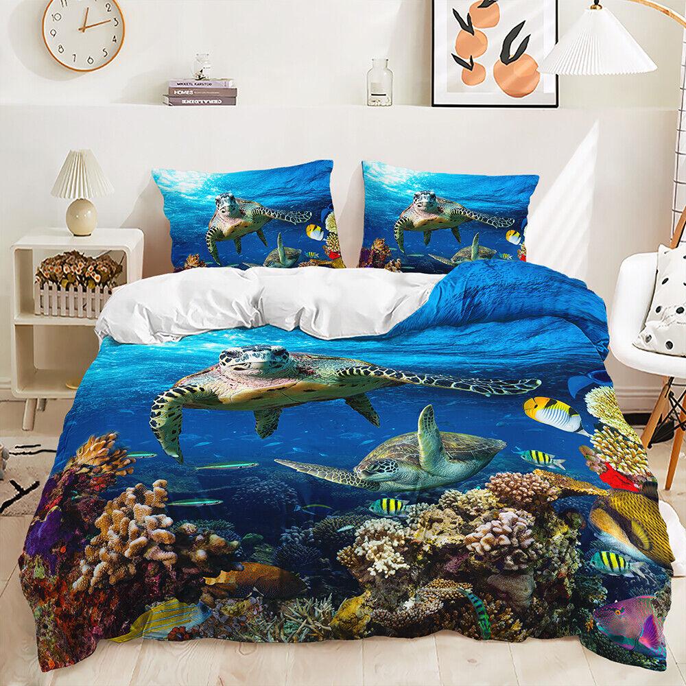 Marine Life Ocean Turtle Sea Dolphin Fish Anchor Doona Duvet Quilt Cover Bed Set