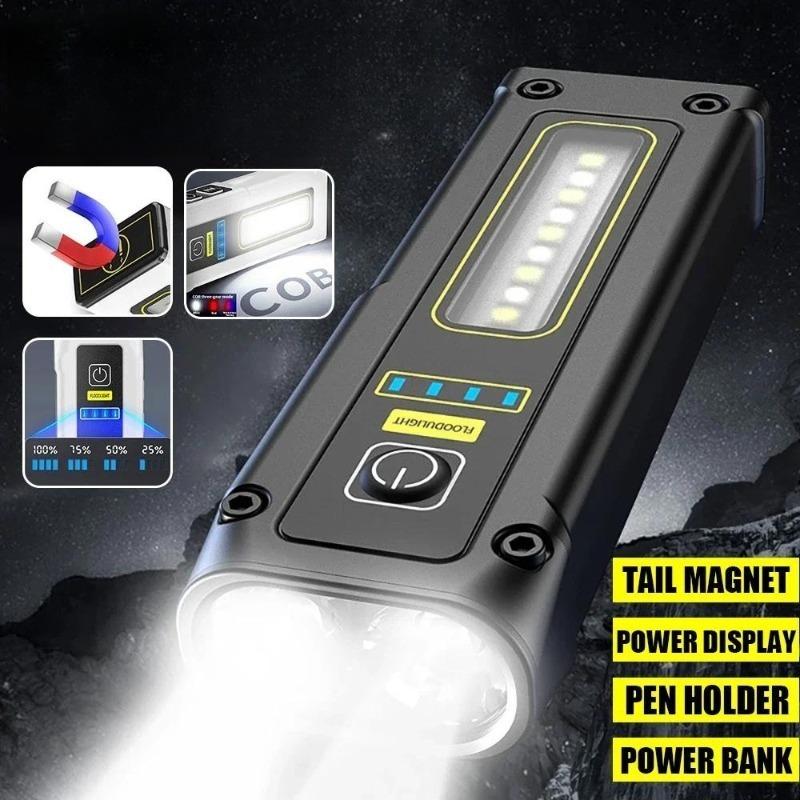 Портативный мини-фонарик LED, перезаряжаемый через USB Type-C, с встроенным сильным магнитом, водонепроницаемый рабочий фонарь для кемпинга, рыбалки, аварийных ситуаций на открытом воздухе