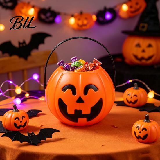 Halloween Home Decor Pumpkin Candy Bucket, Plastic Treat Holder with Handle, Kids Trick or Bags Party Favor Storage Container, Trick-or-Treat