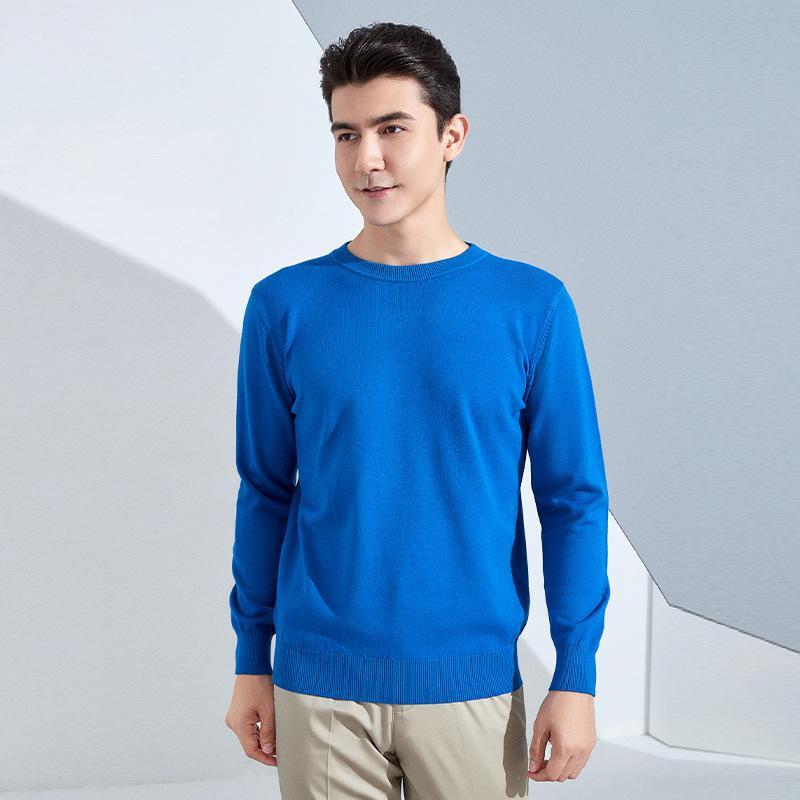 Осень и Зима Мужской Трикотажный Свитер с Круглым Вырезом, Свободный, Утепленный Пуловер, Однотонный, с Длинным Рукавом, Короткий, Деловой, Базовый, Теплый Свитер