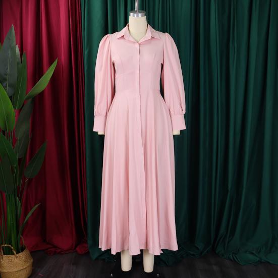 Women's Button Down T-Shirt Dress Casual Long Sleeve Maxi Dress Flowy Lapel A-line Long Dress with Pockets