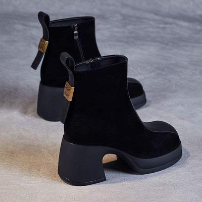 Настоящая мягкая кожа тонкие ботинки женские модные ботинки зимние новые матовая кожа челси плюшевый толстый каблук высокий каблук теплые короткие ботинки
