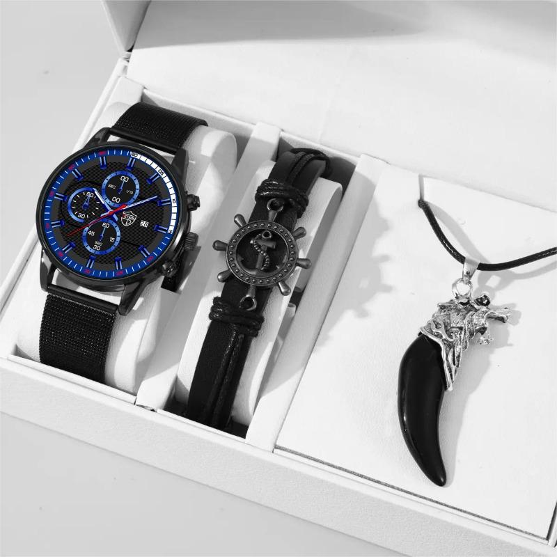 3pcs/set 1pc Fashion Men's Calendar Business Quartz Watch with Stainless Steel Mesh Band & 1pc Bracelet & 1pc Necklace