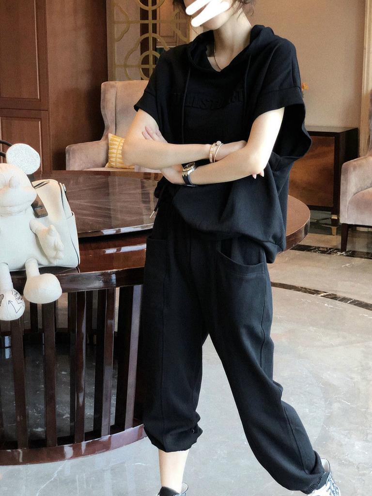 Женский летний модный спортивный костюм из 2 предметов, повседневный свободный комплект с капюшоном и брюками с короткими рукавами