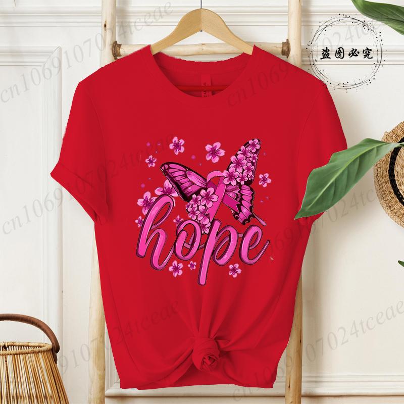 Hope Pink Ribbon Butterfly Breast Cancer Awareness Warrior Print Women's T-Shirt,Graphic Tee Tops,Casual Streetwear Fashion Tops