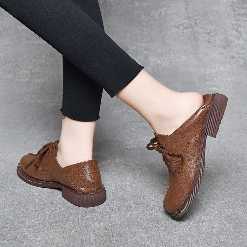 Round Head Flat Shoes Women's Single Shoes 2024 Spring New First-layer Cowhide Loafers Leather Shoes Lace-up Single Shoes Four-season Shoes