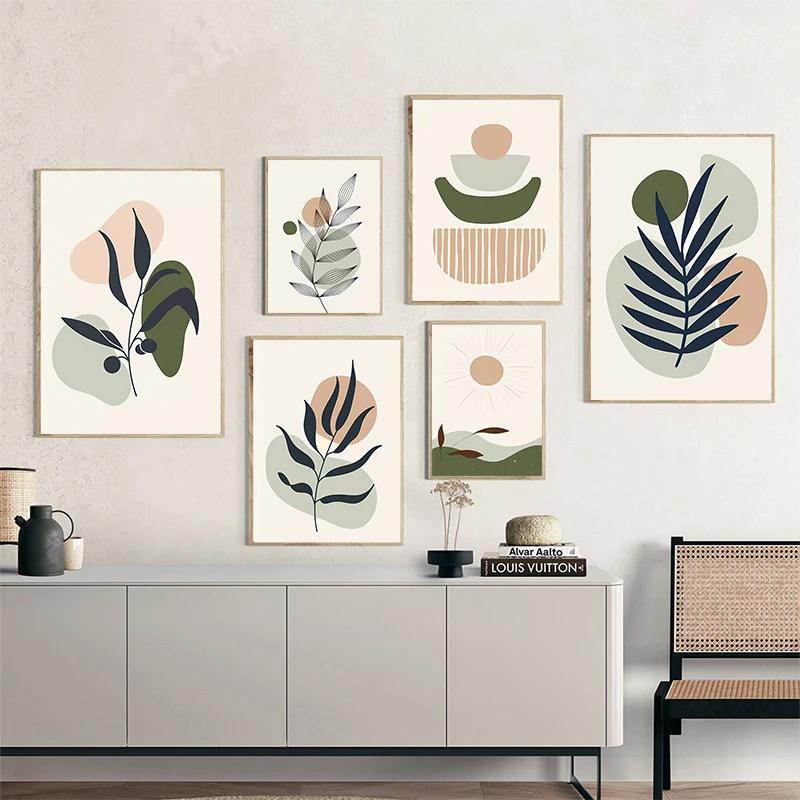 Green Boho Plant Leaves Wall Art Canvas Painting Abstract Lines Sun Posters Modern Living Room Interior Print Picture Home Decor
