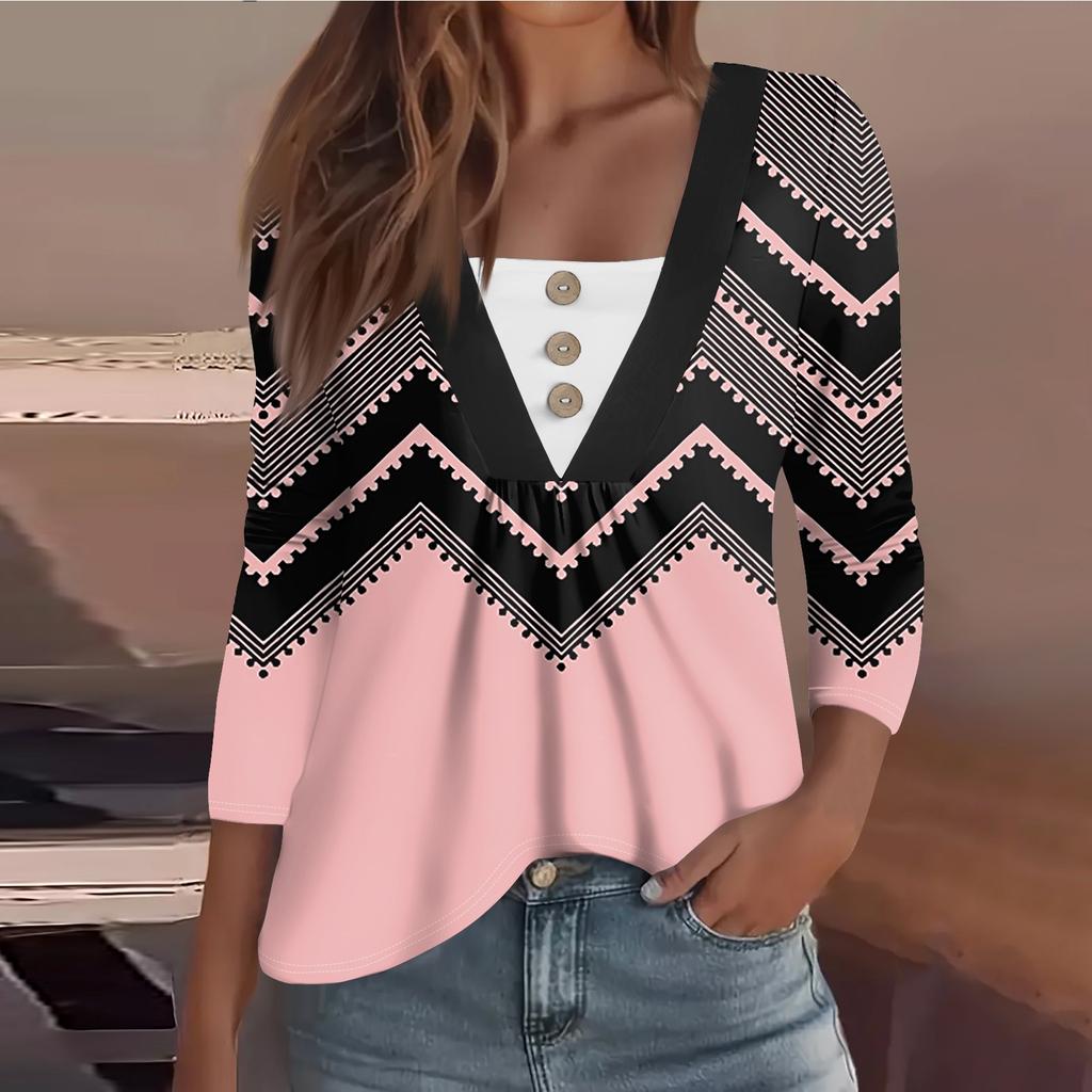 Women's Fashion Casual Long Sleeve Shirt Floral Printed Button V Neck Up Tops