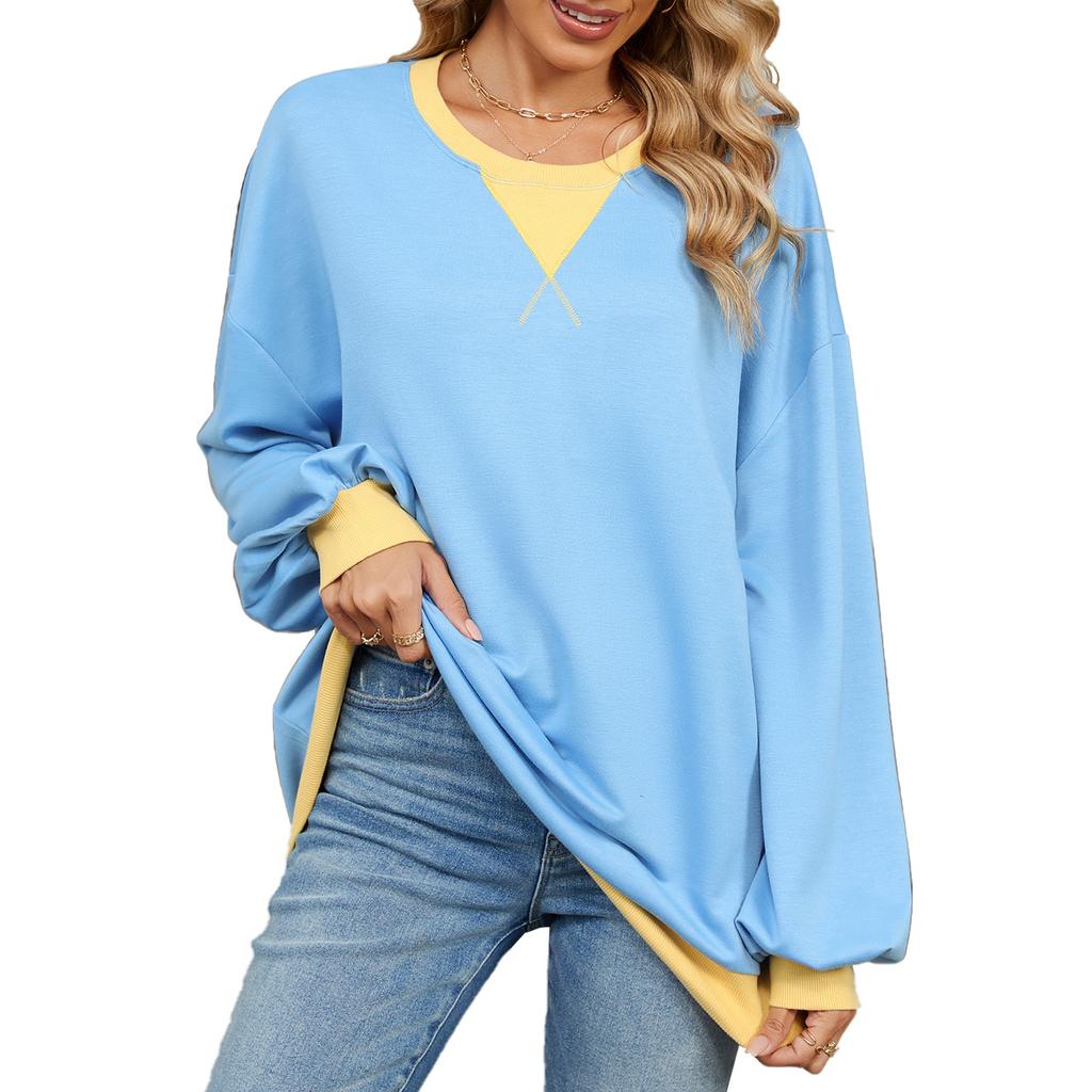 Spring and Autumn Women's Plus Size Color Collision Round Neck Loose Long Sleeve Sweatshirt Top
