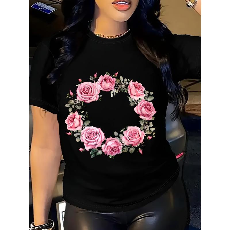 Женская футболка с цветочным принтом роз, круглый вырез, всесезонная, повседневная, дышащая, удобная, для ежедневного ношения