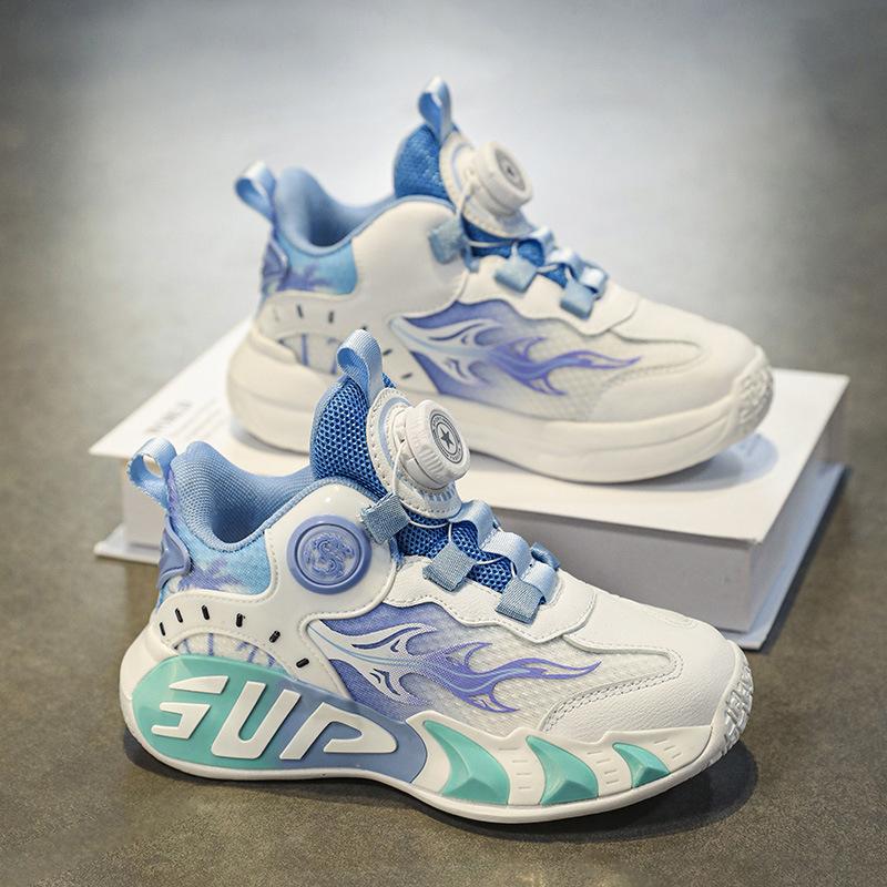 2025 Spring New Rotating Button Classmates Boys and Girls Children's Running Basketball Shoes Medium and Older Children's Wear-resistant Sports Shoes