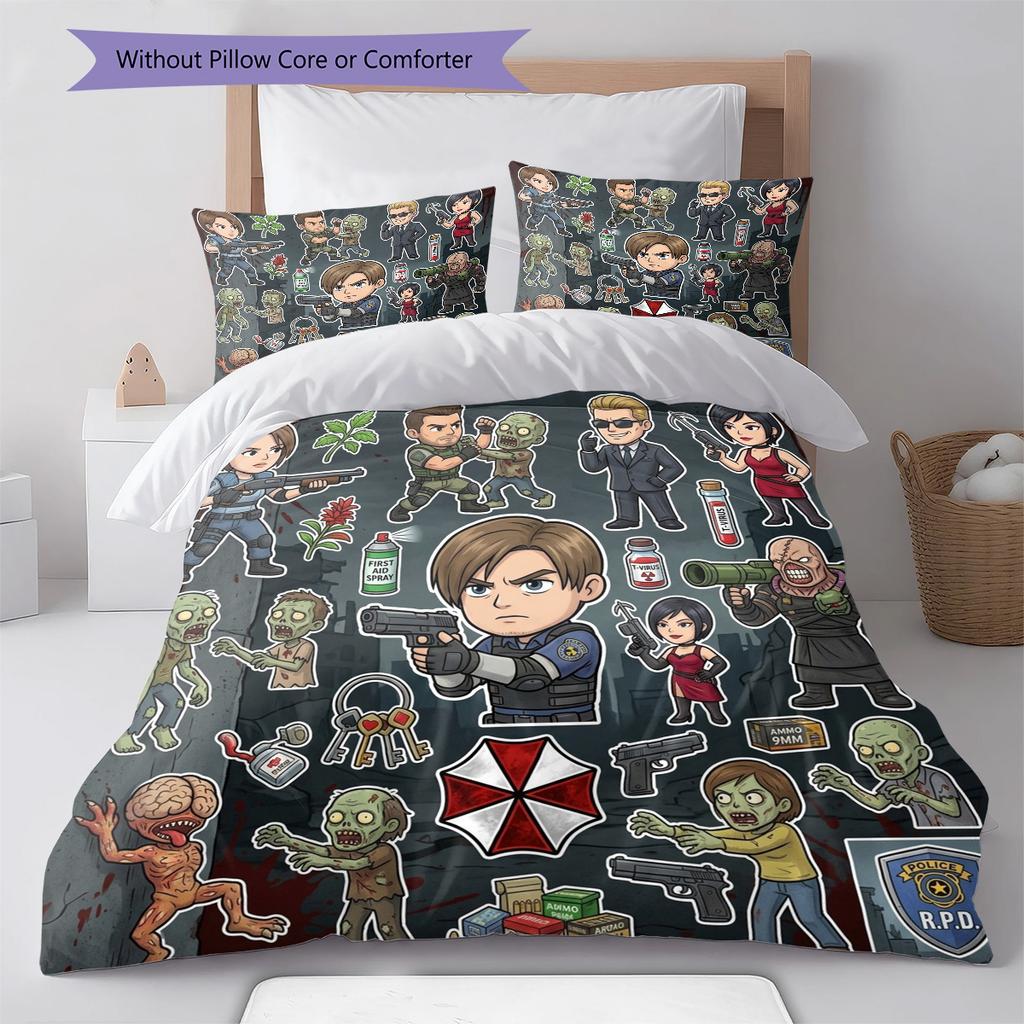 Resident Evil Pattern Bedding Quilt Set Quilt Cover Pillowcase Home Birthday Gift(1 * duvet cover + 2 * pillowcase, without core)