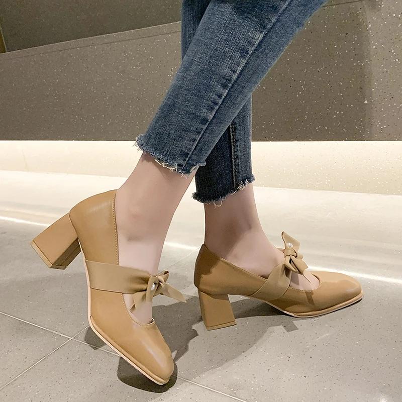 Fashion Mary Jane Woman Footwear Bride Square Toe with Bow Block Heel Shoes for Women Japanese Style Lolita Creamy-white Gothic Trend 40