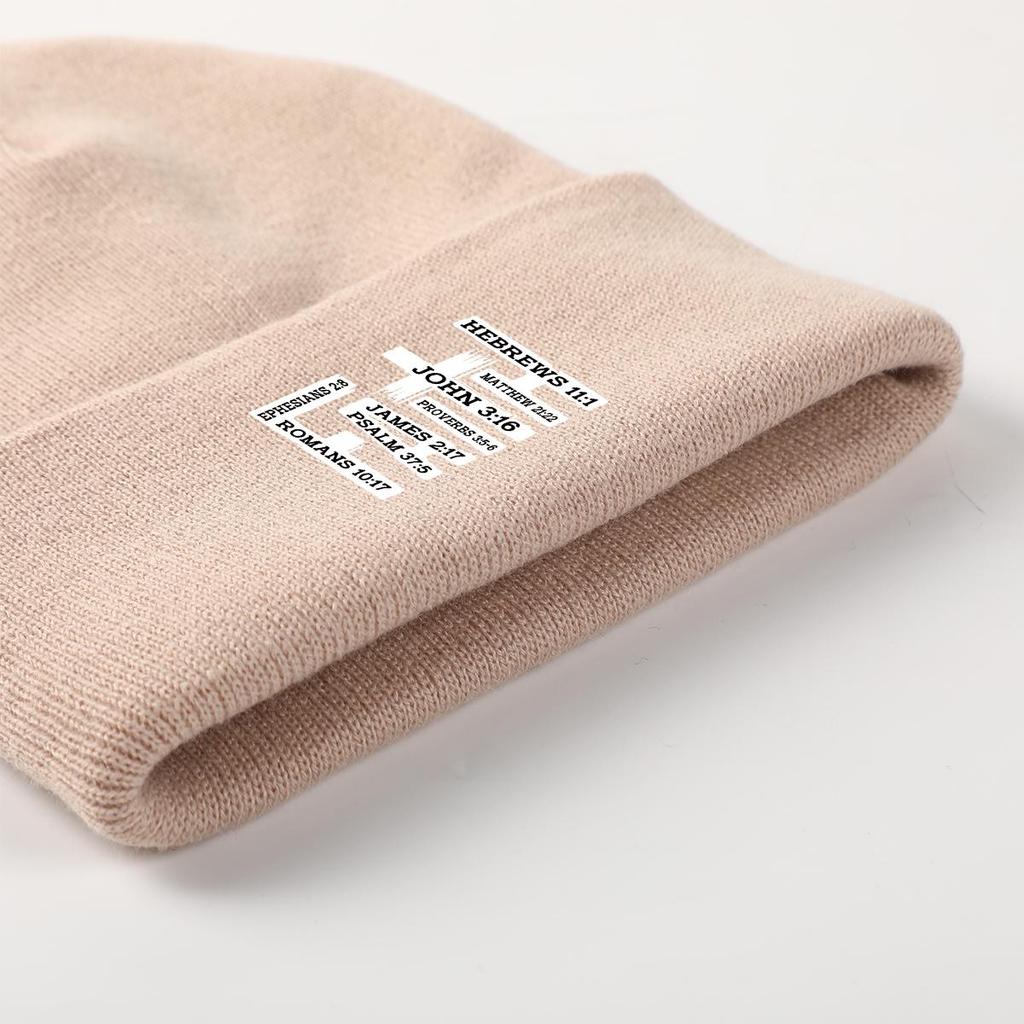White "FAITH" Cross Winter Knitted Hat Beanie, Woman Cap Cuff Thermal Solid Color Headwear Knit Hat Beanie