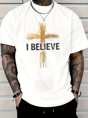 Men's I BELIEVE En Cross Graphic T-Shirt - Casual & Religious Short Sleeve Tee, Breathable Cotton, R