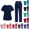 Женский свободный и удобный рабочий костюм с V-образным вырезом и короткими рукавами, состоящий из топа с завязками и юбки, подчеркивающей талию.