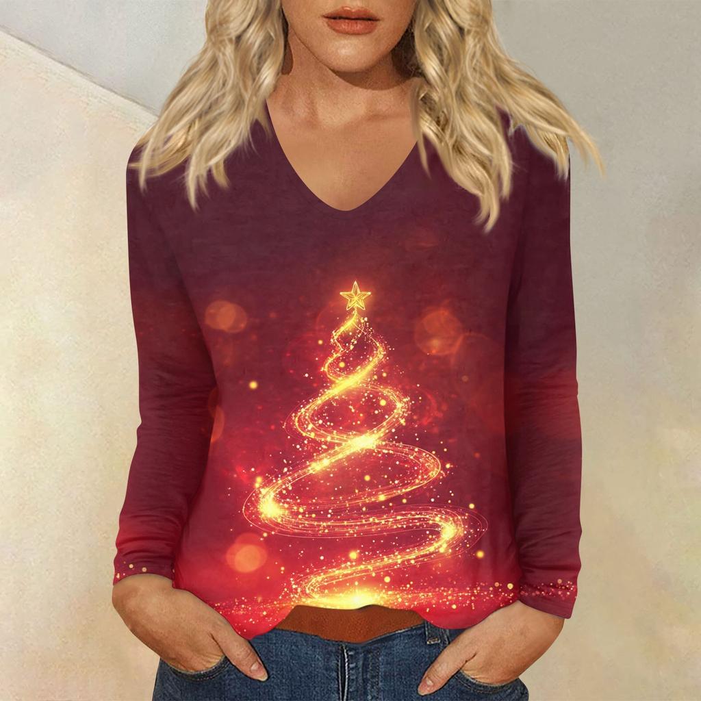 Women's Daily Casual Long Sleeve Christmas Print V-neck Top