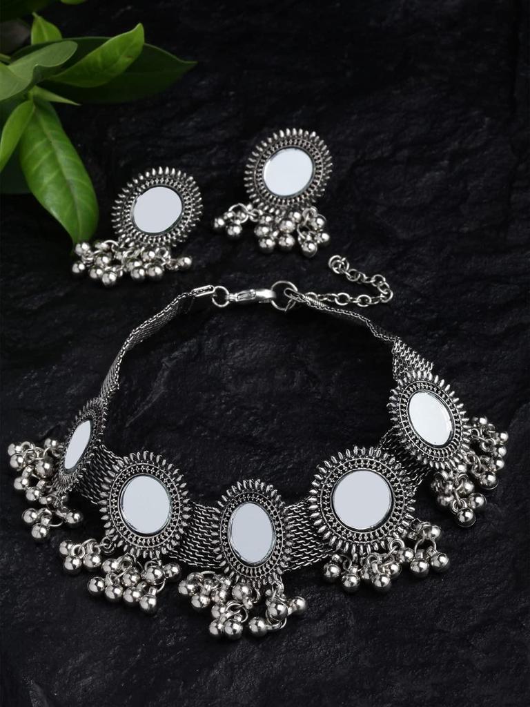 Women Latest Stylish Fancy Oxidised Silver Tribal Choker Necklace With Earrings Jewellery Set
