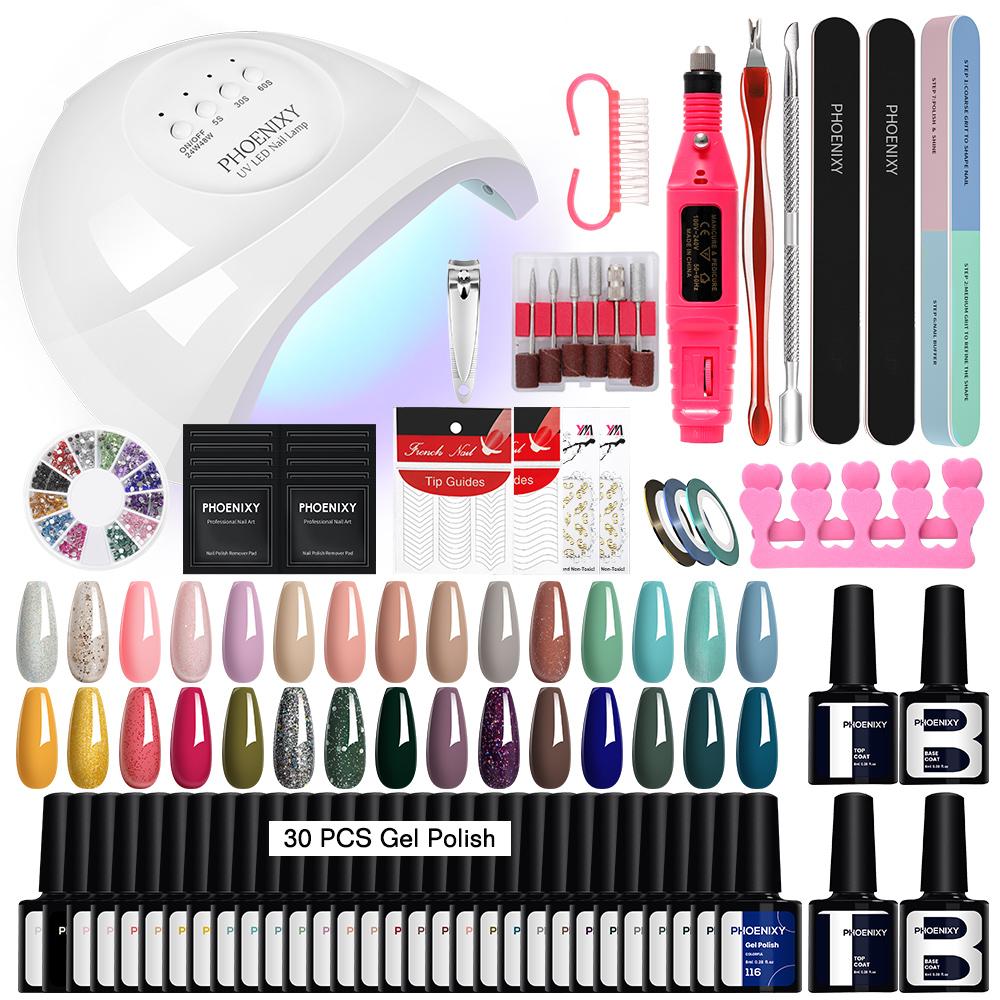 PHOENIXY 30 Colors Gel Nail Polish with USB Nail Drill Machine 48W UV LED Lamp Top Base Coat Manicure Set and DIY Nail Art Decoration Tools