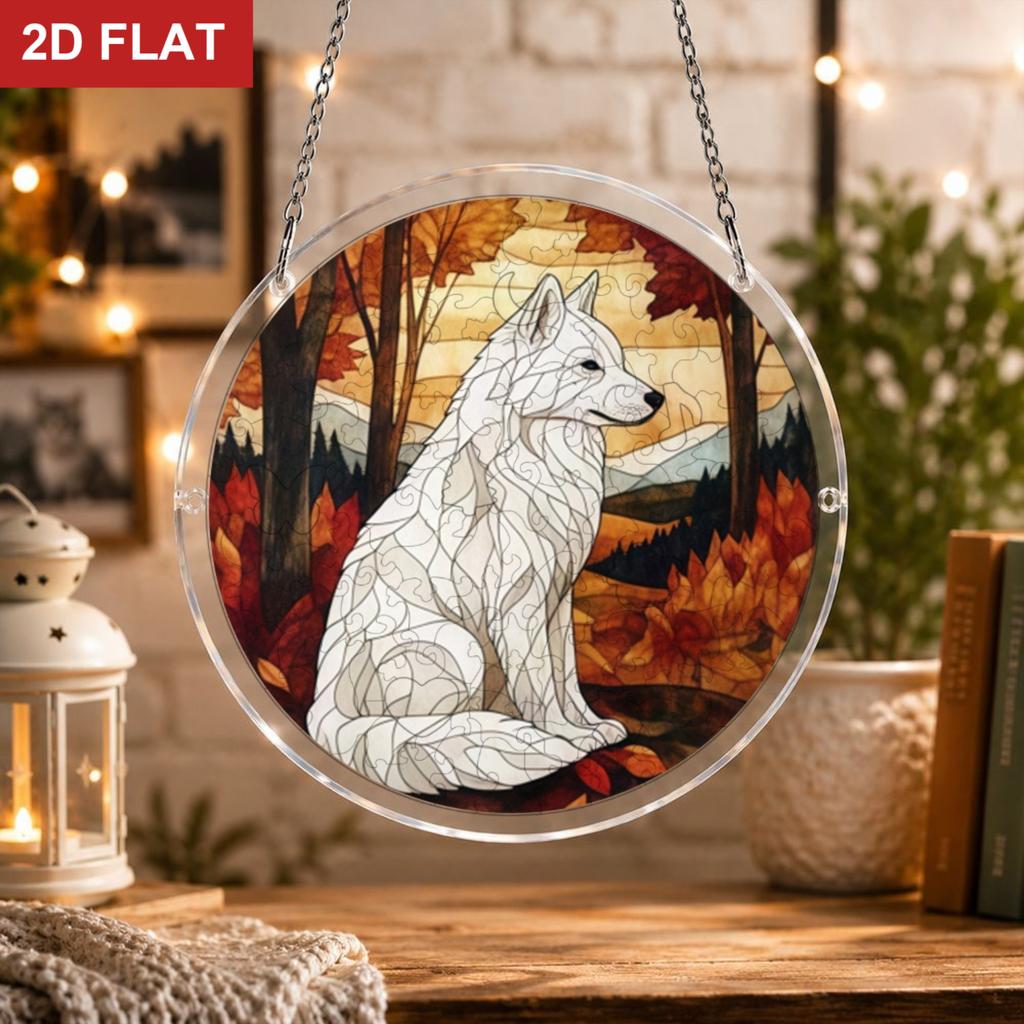 2D Flat, Suitable for Mom Suitable for Wife Suitable for Sister White Wolf Acrylic Puzzle Suncatcher - 2D Flat Wolf Hanging Ornament And Tabletop Deco