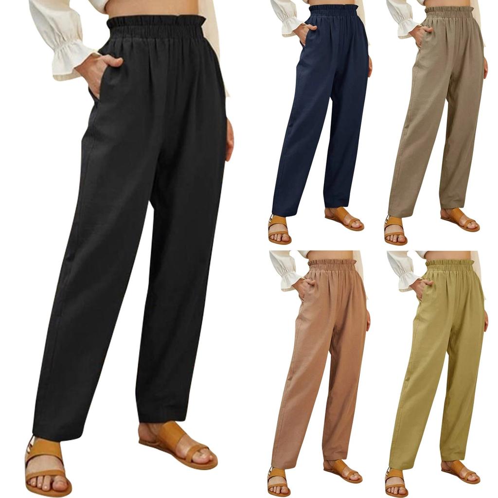 Women's Solid Color High Waist Cotton And Hemp Loose Pocket Leisure Time Trouser