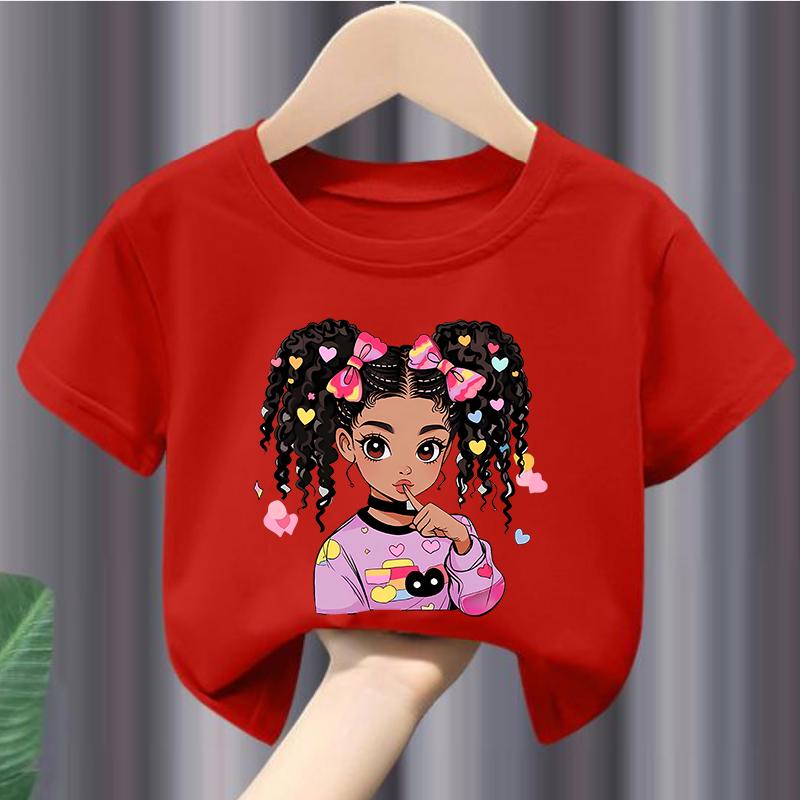 Colorful Cute BLACK GIRL Print Girls Soft and Stretchy Round Neck Short Sleeve T-shirt Kids Clothes Clothes Girls Clothes
