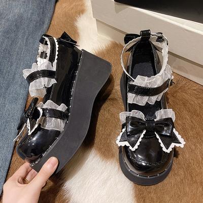 Модные японские каваи панк гот массивные туфли-лодочки на платформе женские туфли на танкетке с бантом Мэри Джейн Лолита женские туфли с ремешком на щиколотке в виде сердца черные туфли