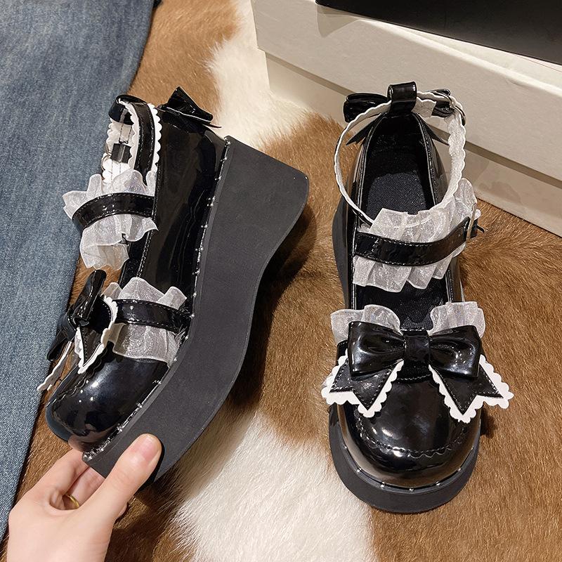 Модные японские каваи панк гот массивные туфли-лодочки на платформе женские туфли на танкетке с бантом Мэри Джейн Лолита женские туфли с ремешком на щиколотке в виде сердца черные туфли