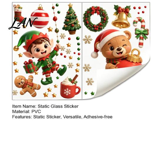 Christmas Theme Glass Clings 2PCS Window Static Sticker, Cute Cartoon Elves And Bears Winter Holiday Decorations Print, PVC Stickers for Home